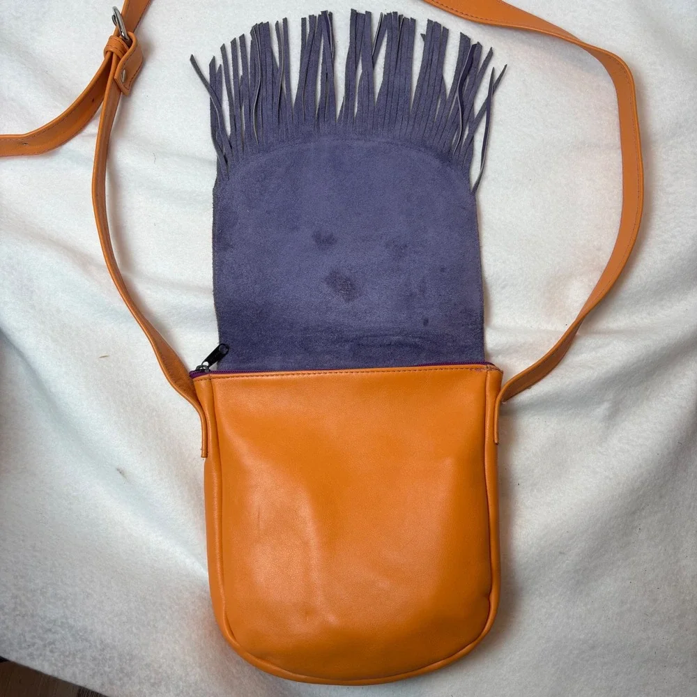 Vintage Boho Orange Leather Purple Fringe Crossbody Bag Village Tannery NYC